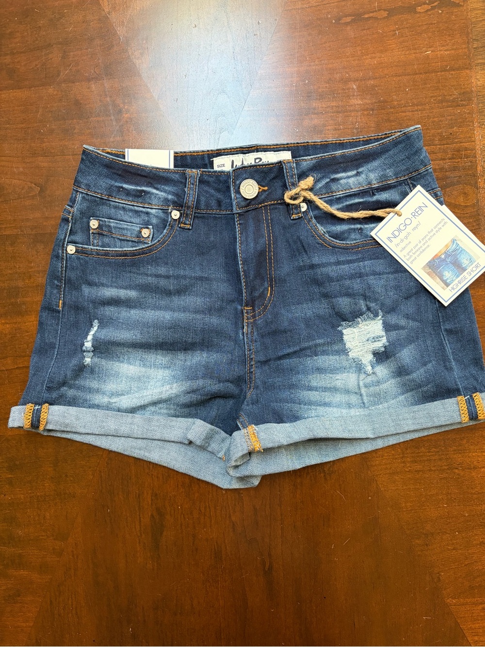 Indigo Rein Dark Blue Distressed Cuffed Denim Shorts